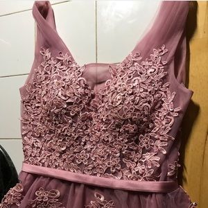 Formal Double V neck Dusty Pink Lace Dress